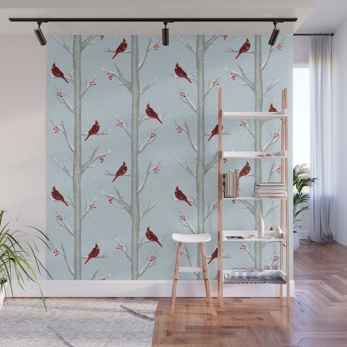 Red Cardinal Bird In The Winter Forest Wall Mural Gallery Image 1