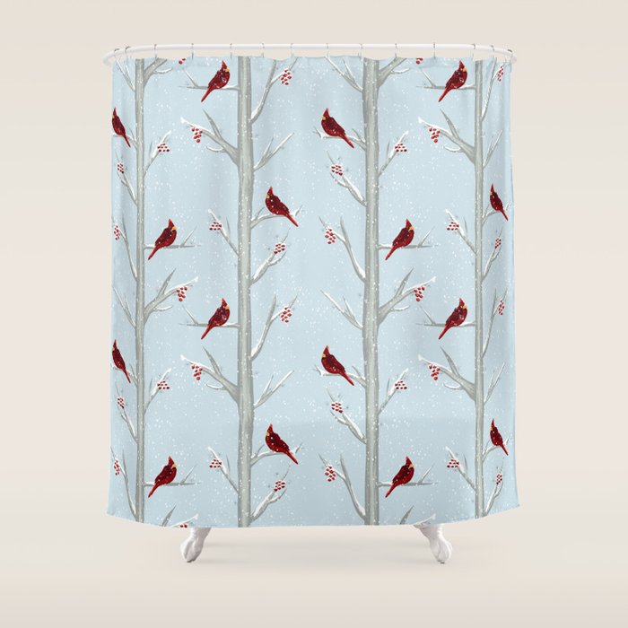 Red Cardinal Bird In The Winter Forest Shower Curtain Gallery Image 1
