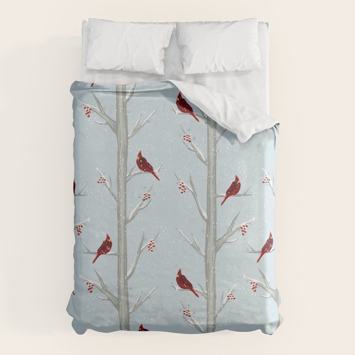 Red Cardinal Bird In The Winter Forest Duvet Cover Gallery Image 1