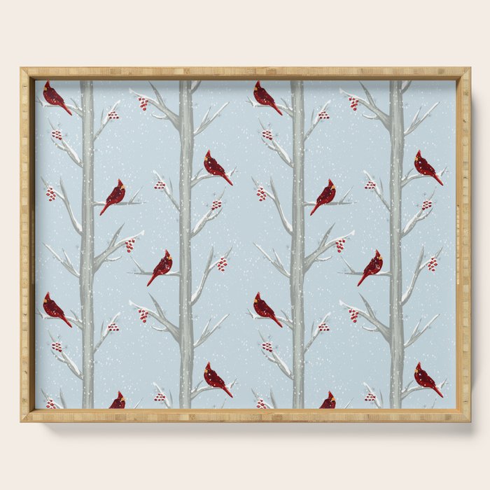 Red Cardinal Bird In The Winter Forest Serving Tray Gallery Image 1