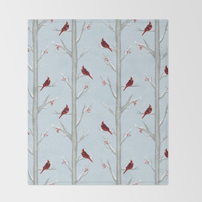Red Cardinal Bird In The Winter Forest Throw Blanket Gallery Image 2
