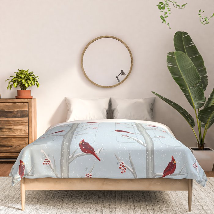 Red Cardinal Bird In The Winter Forest Comforter Gallery Image 3