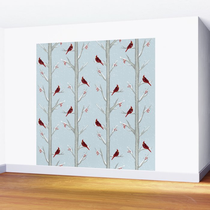 Red Cardinal Bird In The Winter Forest Wall Mural Gallery Image 2