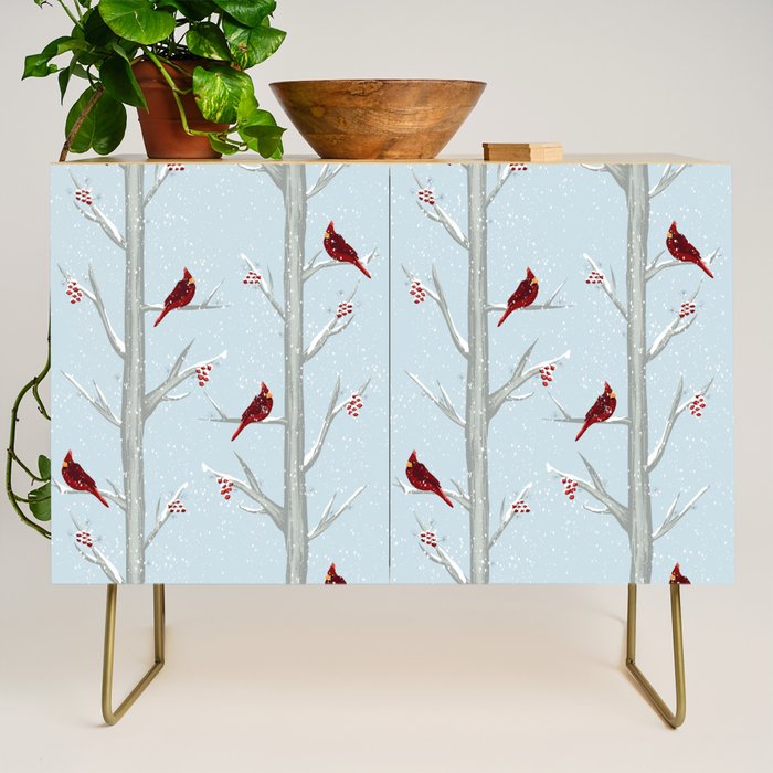 Red Cardinal Bird In The Winter Forest Credenza Gallery Image 1