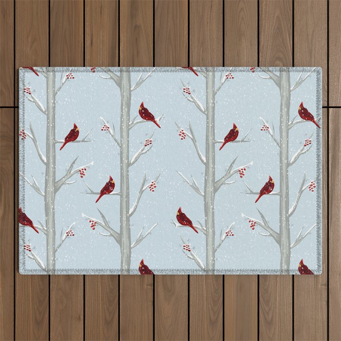 Red Cardinal Bird In The Winter Forest Outdoor Rug Gallery Image 1