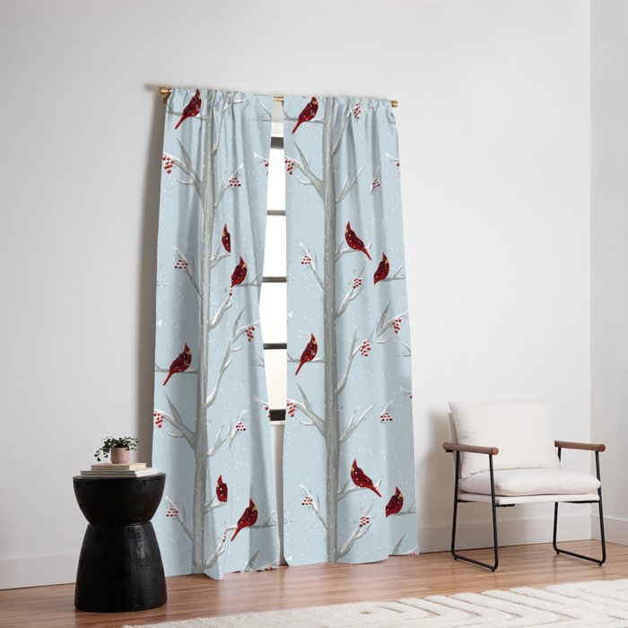 Red Cardinal Bird In The Winter Forest Window Curtain Gallery Image 2