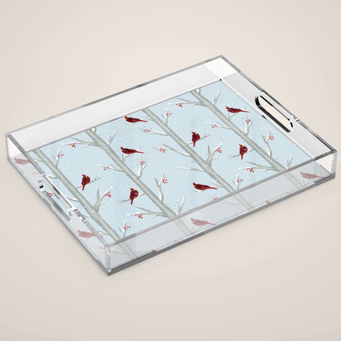 Red Cardinal Bird In The Winter Forest Acrylic Tray Gallery Image 1
