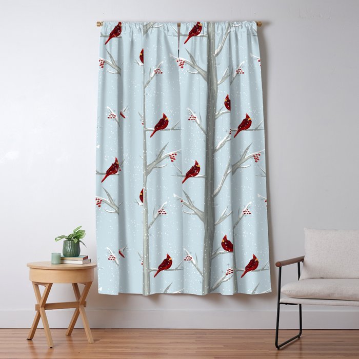 Red Cardinal Bird In The Winter Forest Window Curtain Gallery Image 5