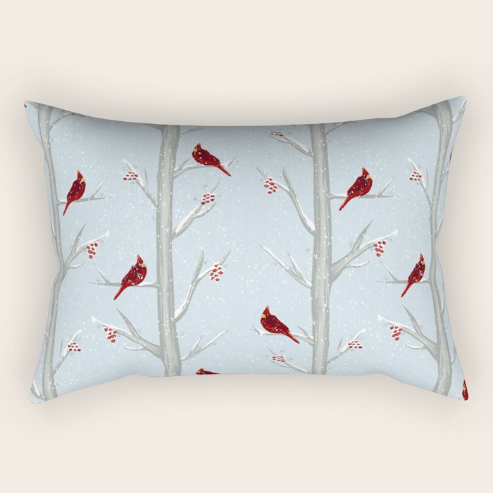 Red Cardinal Bird In The Winter Forest Rectangular Pillow Gallery Image 1