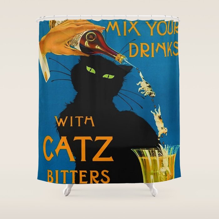 Mix Your Drinks with Catz (Cats) Bitters Aperitif Liquor Vintage Advertising Poster Shower Curtain Gallery Image 1