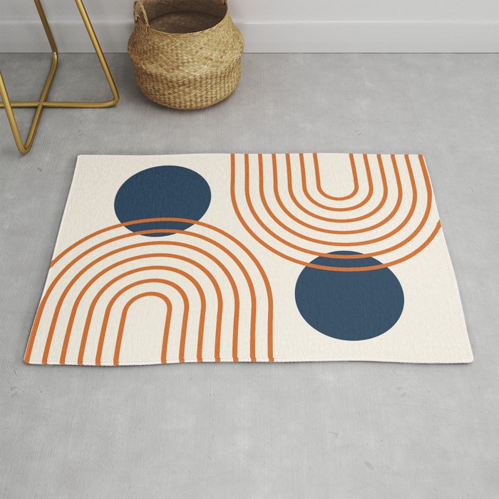 Mid Century Modern Geometric 195 in Navy Blue Orange Rug Gallery Image 1