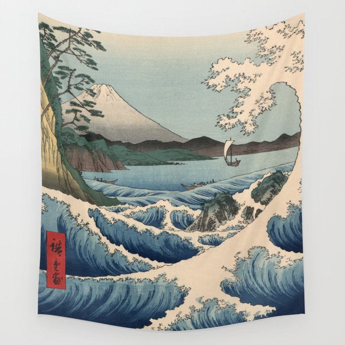 Utagawa Hiroshige - Sea Off Satta, Suruga Province - Vintage Japanese Woodblock Print Art, 1858. Wall Tapestry Gallery Image 4
