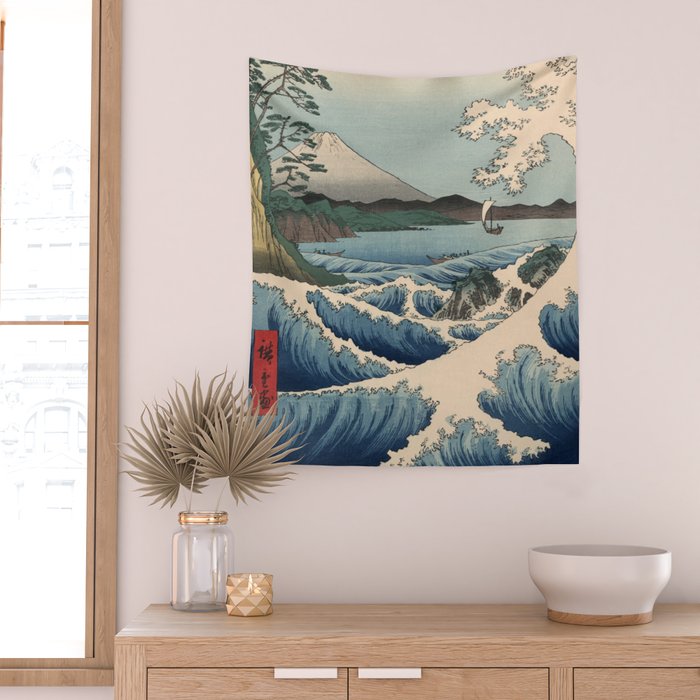Utagawa Hiroshige - Sea Off Satta, Suruga Province - Vintage Japanese Woodblock Print Art, 1858. Wall Tapestry Gallery Image 2
