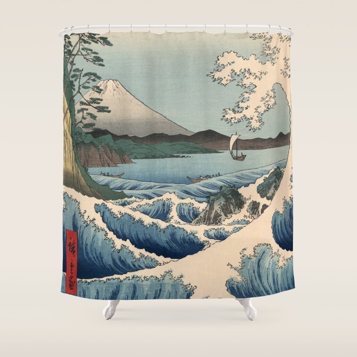 Utagawa Hiroshige - Sea Off Satta, Suruga Province - Vintage Japanese Woodblock Print Art, 1858. Shower Curtain Gallery Image 1