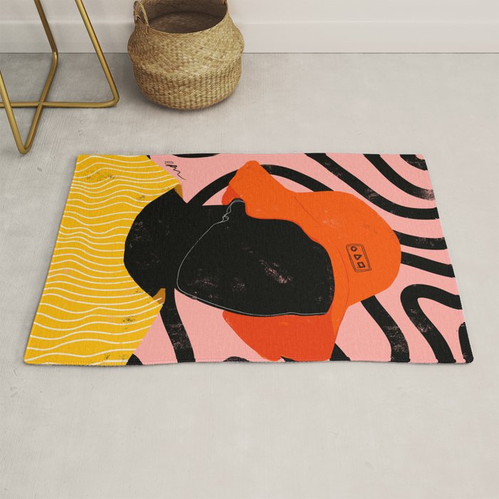 Squirt game with yellow shirt and black and pink background minimal  Rug
