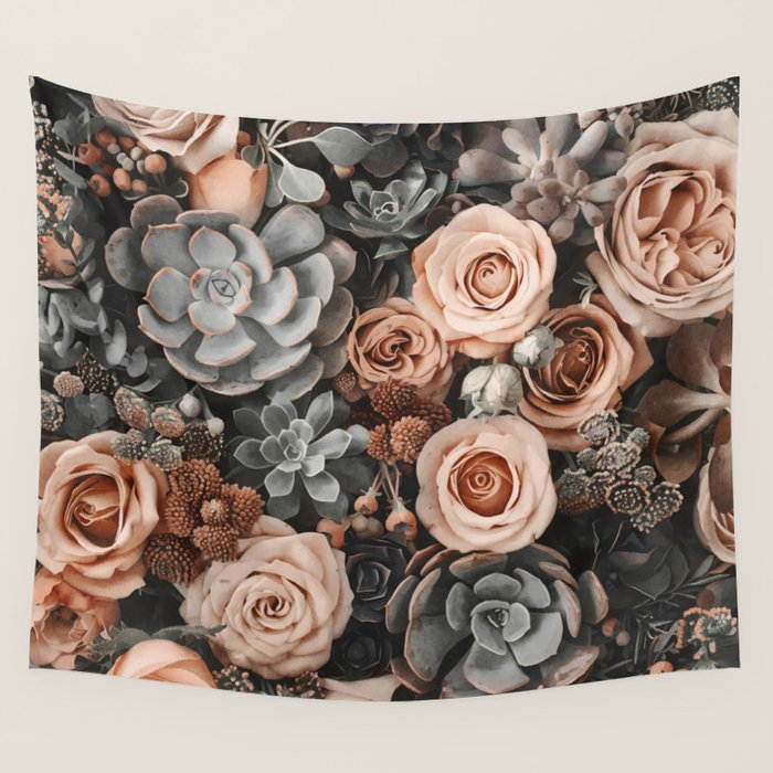 Desert Florals And Succulent Garden Peach Teal Wall Tapestry Gallery Image 1