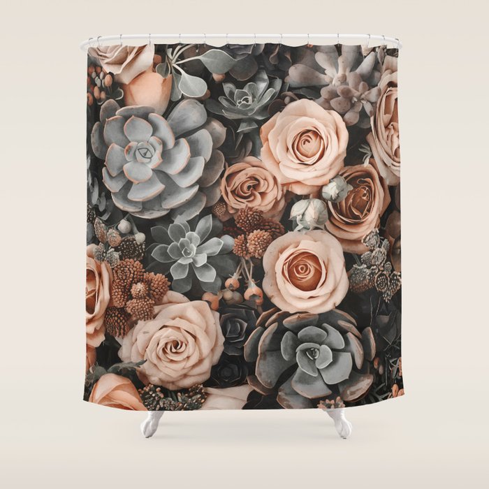Desert Florals And Succulent Garden Peach Teal Shower Curtain Gallery Image 1