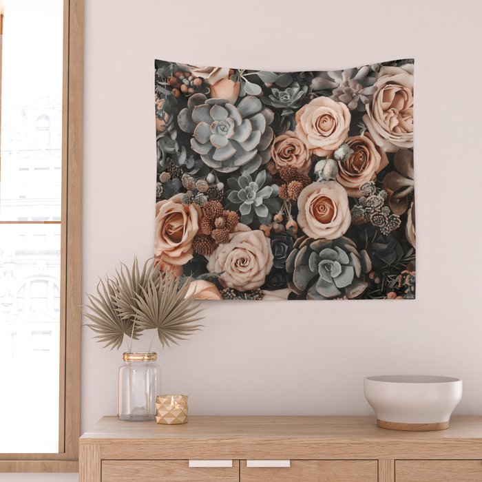Desert Florals And Succulent Garden Peach Teal Wall Tapestry Gallery Image 2