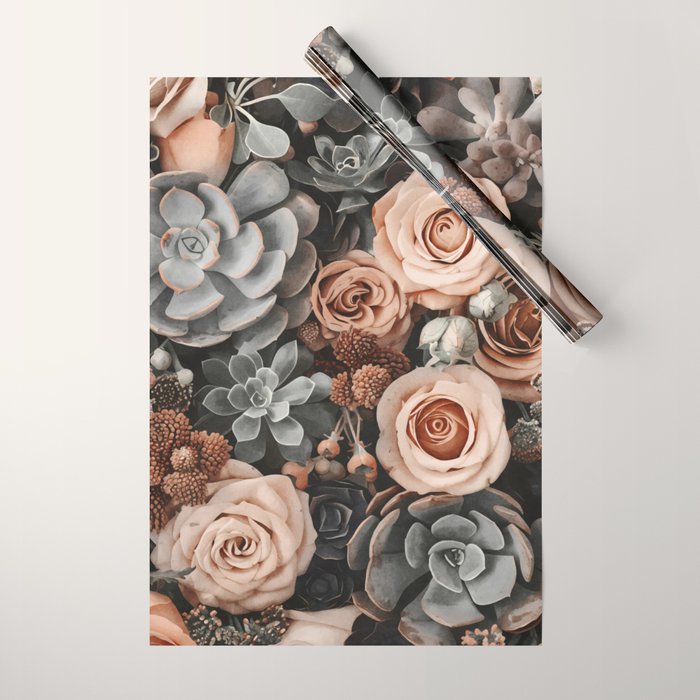 Desert Florals And Succulent Garden Peach Teal Wrapping Paper Gallery Image 1