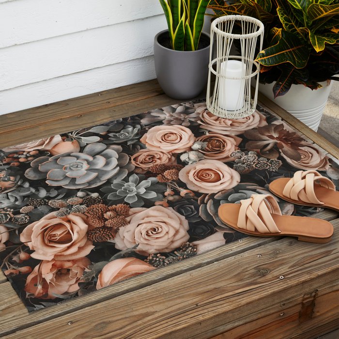 Desert Florals And Succulent Garden Peach Teal Outdoor Rug Gallery Image 2