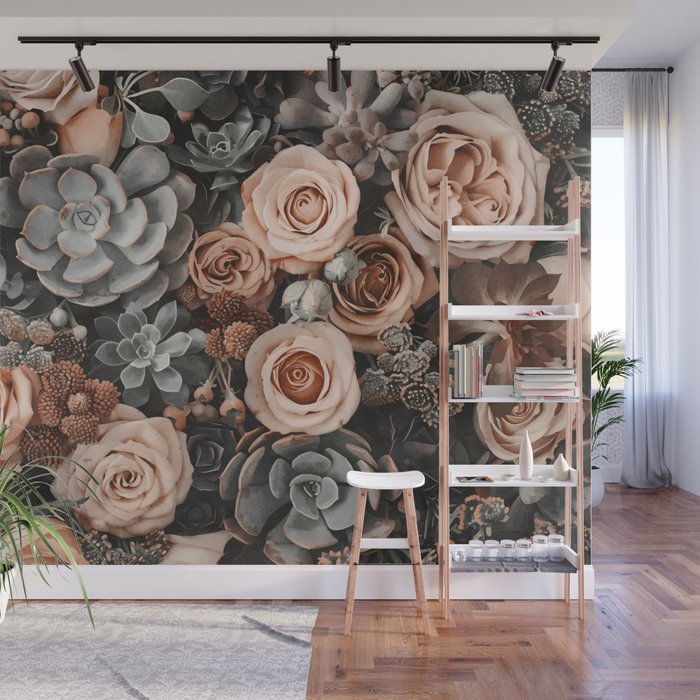 Desert Florals And Succulent Garden Peach Teal Wall Mural Gallery Image 1