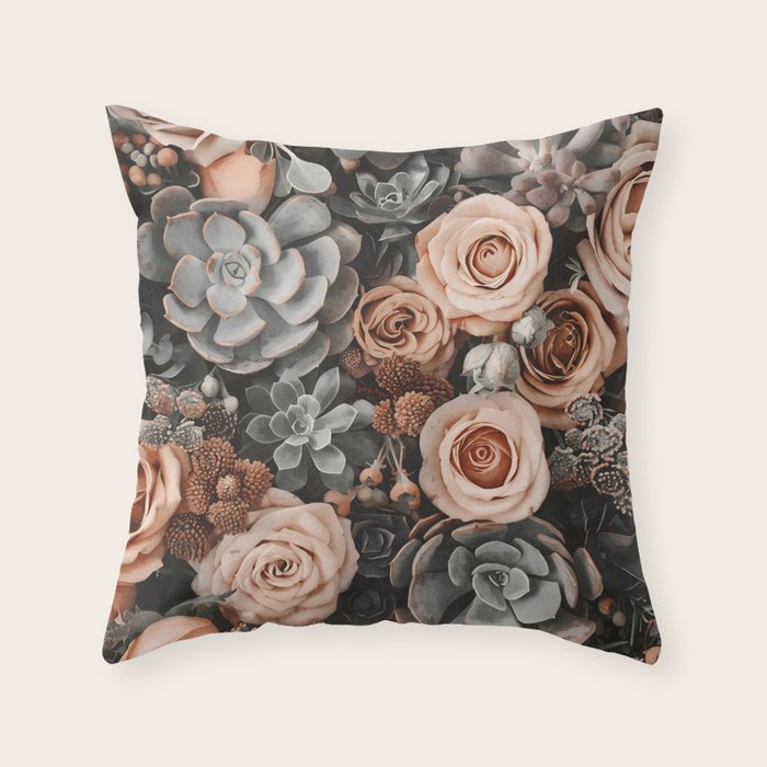 Desert Florals And Succulent Garden Peach Teal Throw Pillow Gallery Image 6