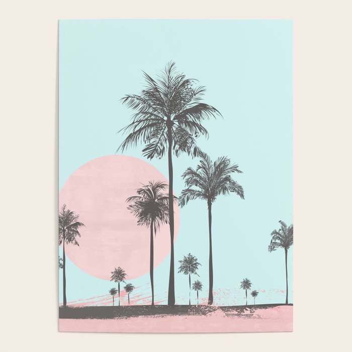 Beachfront palm tree soft pastel sunset graphic Poster Gallery Image 4