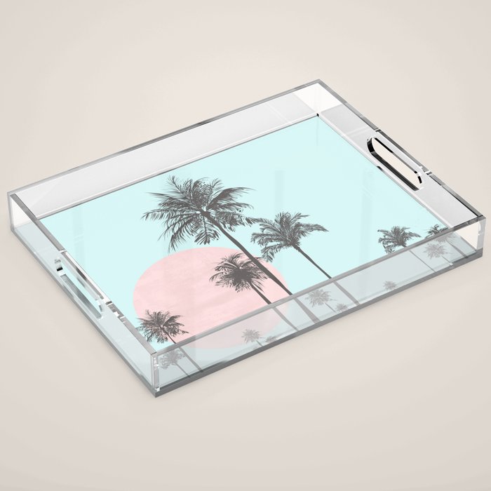 Beachfront palm tree soft pastel sunset graphic Acrylic Tray Gallery Image 1
