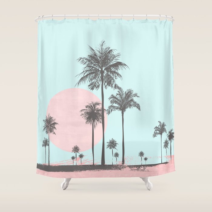 Beachfront palm tree soft pastel sunset graphic Shower Curtain Gallery Image 1