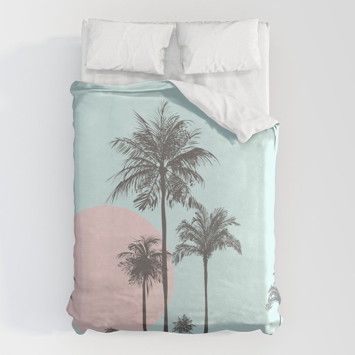 Beachfront palm tree soft pastel sunset graphic Duvet Cover