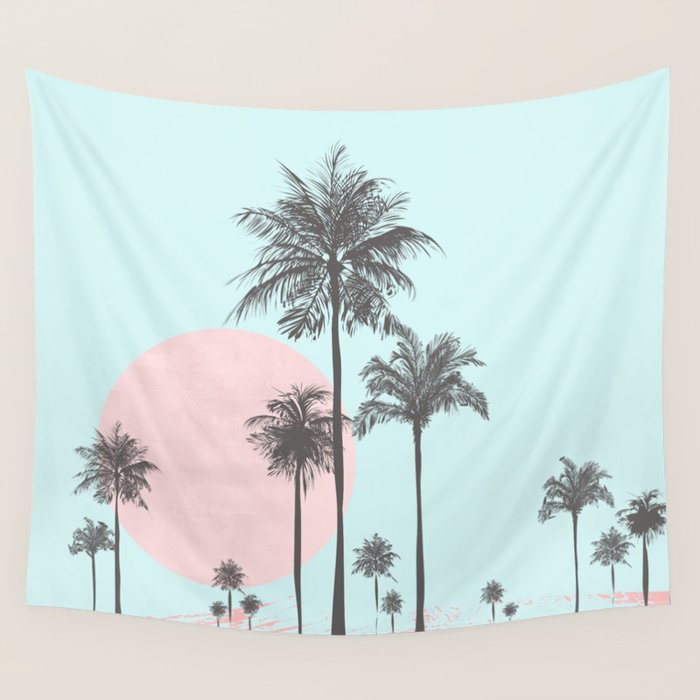Beachfront palm tree soft pastel sunset graphic Wall Tapestry Gallery Image 1