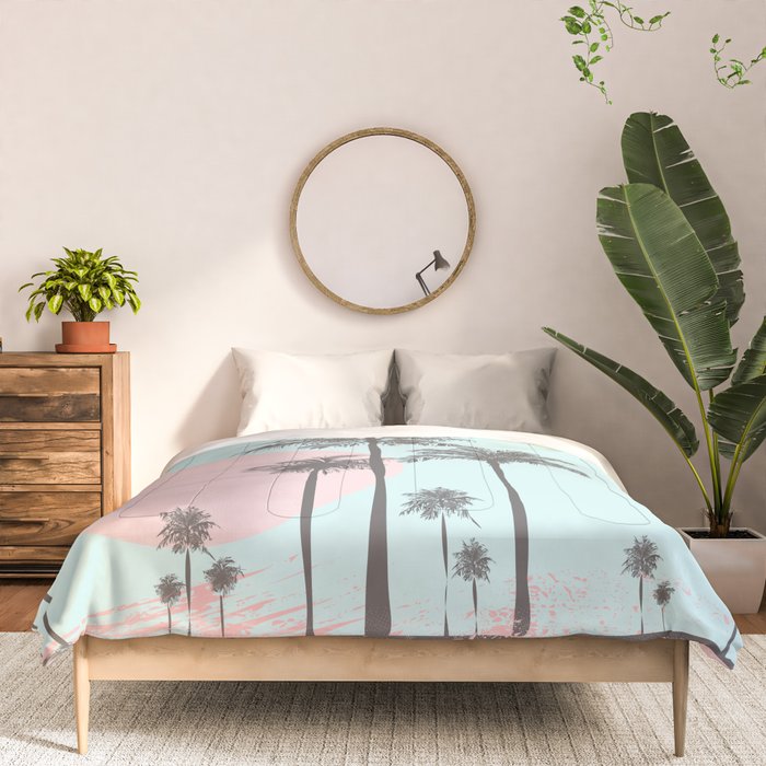 Beachfront palm tree soft pastel sunset graphic Comforter Gallery Image 3