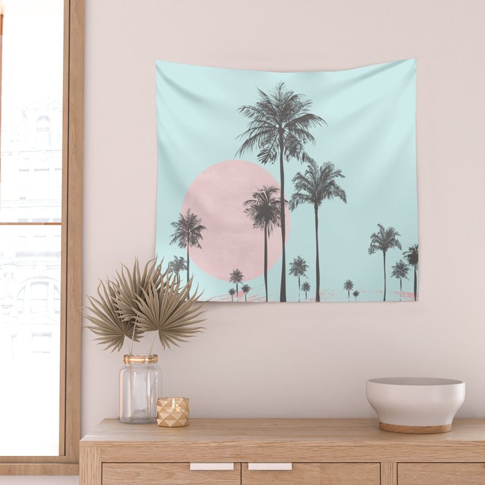 Beachfront palm tree soft pastel sunset graphic Wall Tapestry Gallery Image 2
