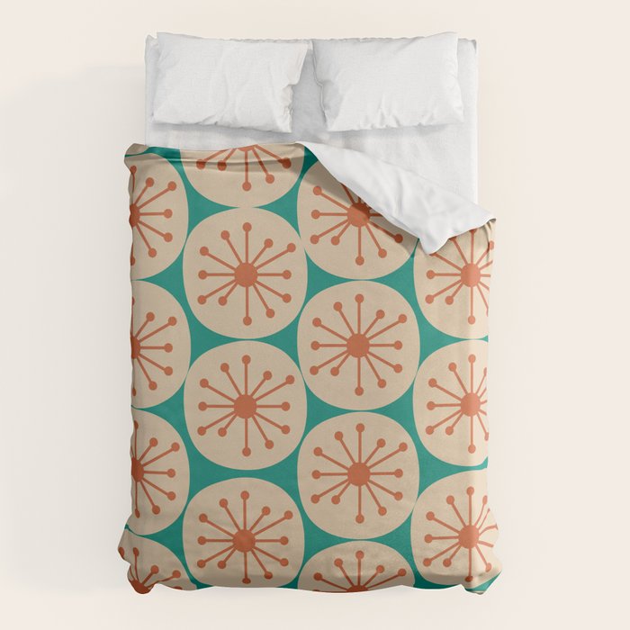 Atomic Dots Retro Midcentury Modern Pattern in Mid Mod Orange, Beige, and Turquoise Teal Duvet Cover Gallery Image 1