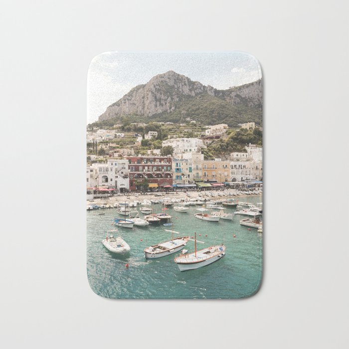 Capri Island View Italy Photo | Boats In The Harbor Landscape Art Print | Europe Nature Travel Photography Bath Mat Gallery Image 1