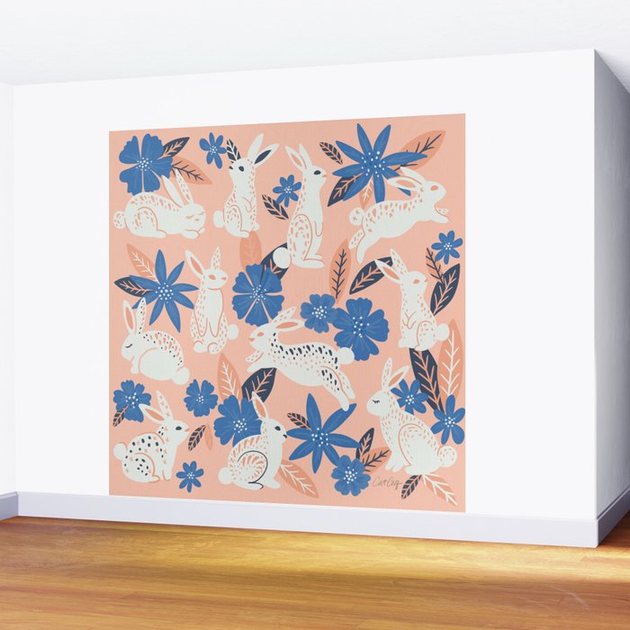 Bunnies & Blooms - Blue & Blush Palette Wall Mural Gallery Image 2