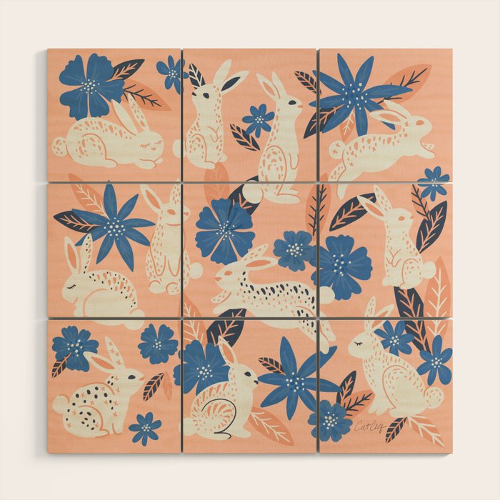 Bunnies & Blooms - Blue & Blush Palette Wood Wall Art Gallery Image 1