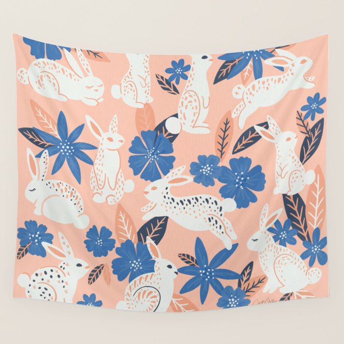 Bunnies & Blooms - Blue & Blush Palette Wall Tapestry Gallery Image 4