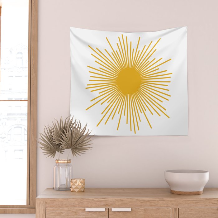 Mid Century Modern Sunburst Sun in Mustard and White Wall Tapestry Gallery Image 2