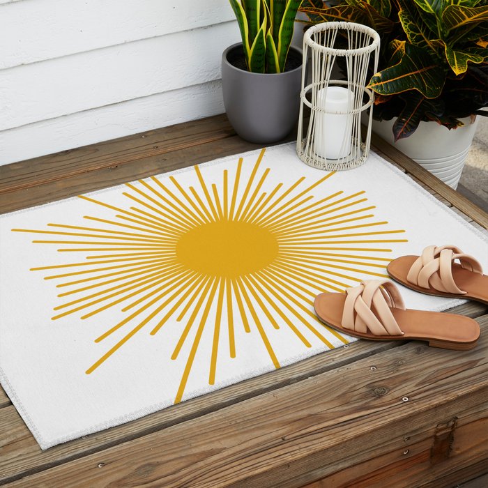 Mid Century Modern Sunburst Sun in Mustard and White Outdoor Rug Gallery Image 2