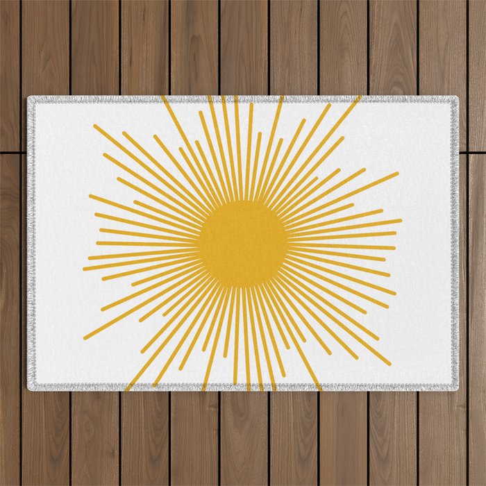 Mid Century Modern Sunburst Sun in Mustard and White Outdoor Rug Gallery Image 1