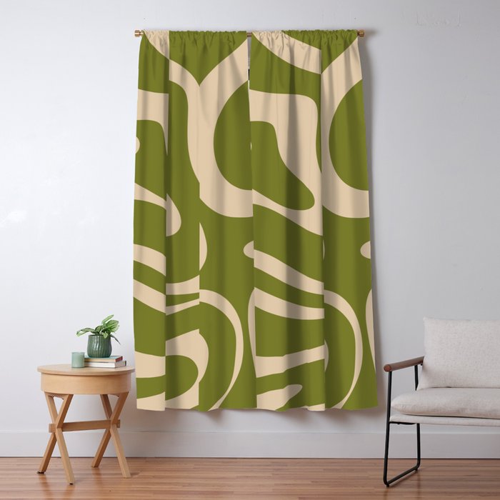 Retro Modern Liquid Swirl Abstract Pattern Square in Mid Mod Olive Green and Beige Window Curtain Gallery Image 5