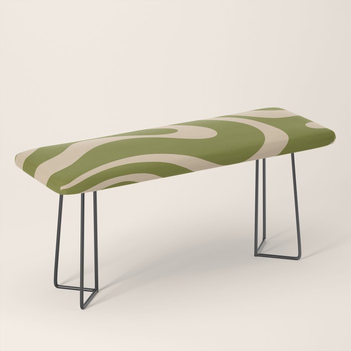 Retro Modern Liquid Swirl Abstract Pattern Square in Mid Mod Olive Green and Beige Bench Gallery Image 1