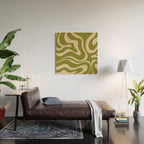 Retro Modern Liquid Swirl Abstract Pattern Square in Mid Mod Olive Green and Beige Wood Wall Art Gallery Image 2