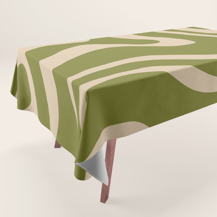 Retro Modern Liquid Swirl Abstract Pattern Square in Mid Mod Olive Green and Beige Tablecloth Gallery Image 1