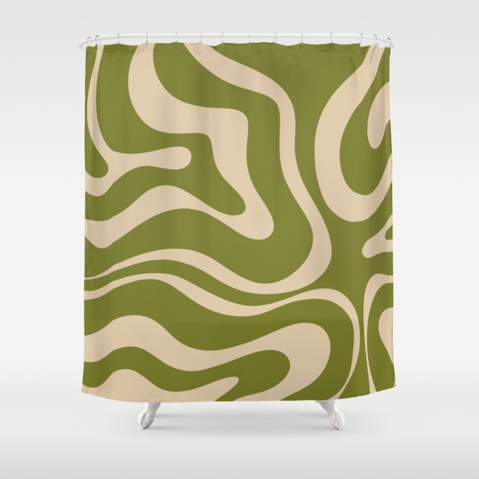Retro Modern Liquid Swirl Abstract Pattern Square in Mid Mod Olive Green and Beige Shower Curtain Gallery Image 1