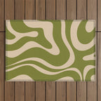 Retro Modern Liquid Swirl Abstract Pattern Square in Mid Mod Olive Green and Beige Outdoor Rug Gallery Image 1
