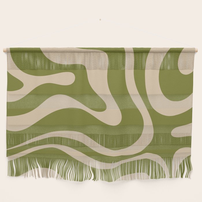 Retro Modern Liquid Swirl Abstract Pattern Square in Mid Mod Olive Green and Beige Wall Hanging Gallery Image 1