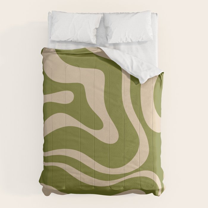Retro Modern Liquid Swirl Abstract Pattern Square in Mid Mod Olive Green and Beige Comforter Gallery Image 6