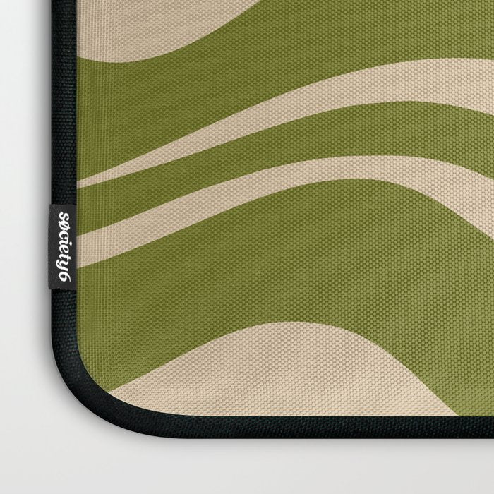 Retro Modern Liquid Swirl Abstract Pattern Square in Mid Mod Olive Green and Beige Laptop Sleeve Gallery Image 3